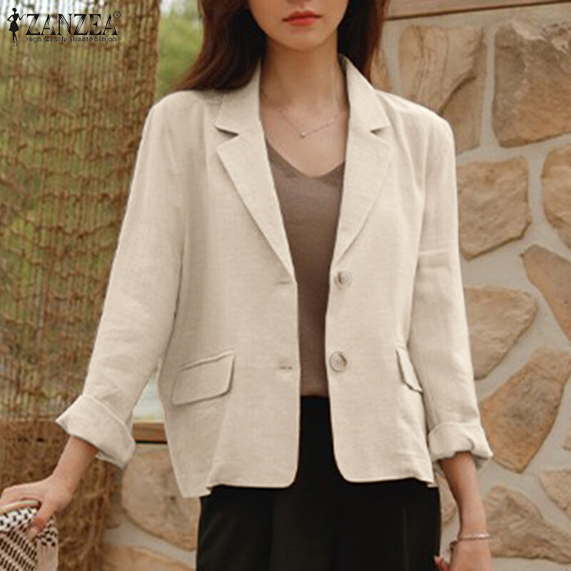 ZANZEA Korean Style Women Cotton Linen Casual Loose Blazer Suit Fashion Vintage Outwear Tops #10