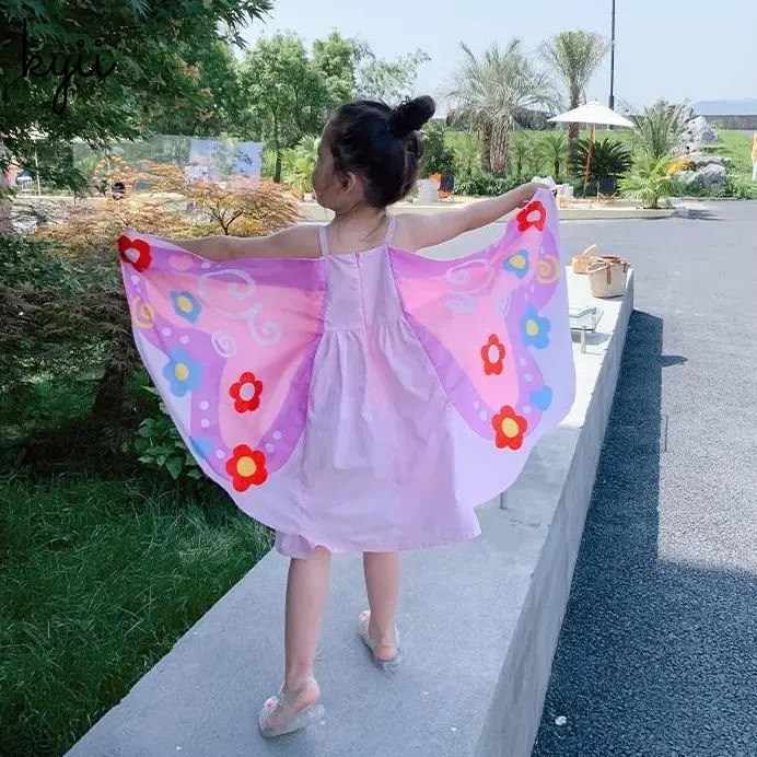【Hot Selling】KYII Girl Summer Cotton Halter Skirt New Children Cute Butterfly Wings Dress Korean Dress ky016